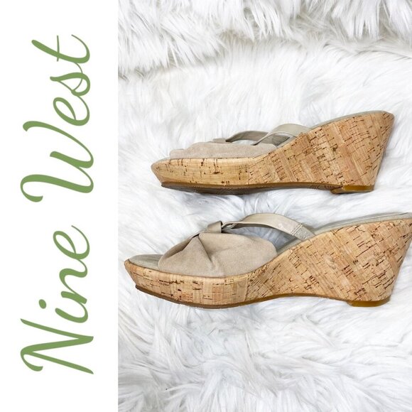 NINE WEST GELPIR SUEDE OPEN TOE CORK WEDGE SANDAL BEIGE NEUTRAL, SIZE 7 - Picture 3 of 9